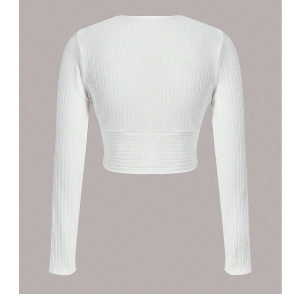Deep V Neck Long Sleeve Rib-knit White Crop Top - Picture 11 of 13